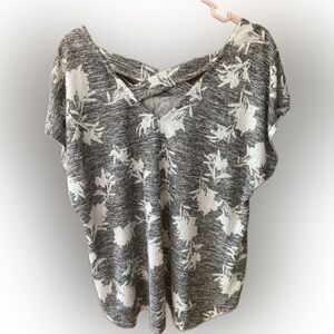 Gray and White Floral Women's Top Criss Cross Back